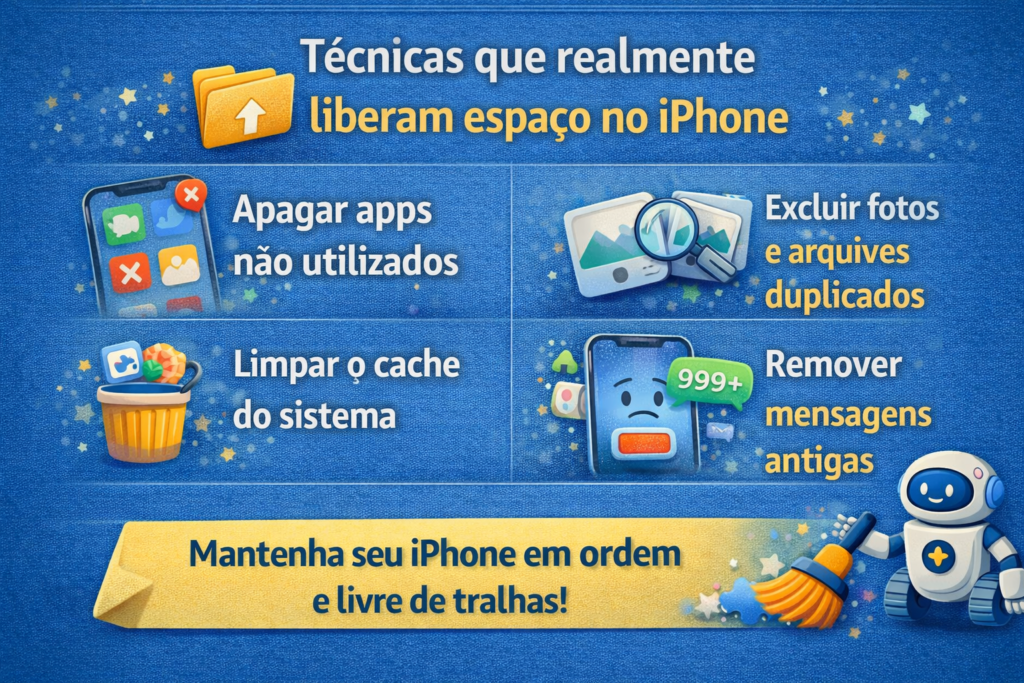 Tecnicas-que-realmente-liberam-espaco-no-iPhone-1024x683 📱 Melhores Aplicativos para Limpar Memória do iPhone em 2026 (Guia Completo)